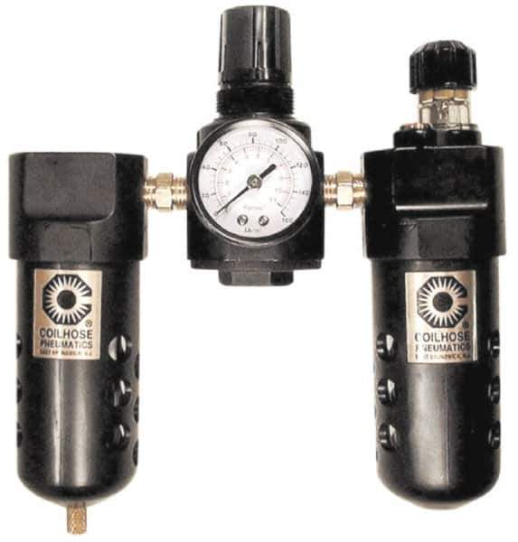 Coilhose Pneumatics - 3/8" NPT Port Compact 3 Piece Filter-Regulator-Lubricator FRL Unit - Zinc Bowl, 65 SCFM, 250 Max psi, 6.5" High, Manual Drain - USA Tool & Supply