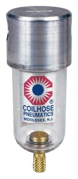 Coilhose Pneumatics - 1/8" Port, 4" High x 1-1/2" Wide, Miniature FRL Filter with Metal Bowl & Manual Drain - 25 SCFM, 250 Max psi, 250°F Max, 1.5 oz Bowl Capacity - USA Tool & Supply