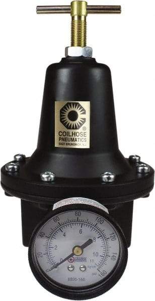 Coilhose Pneumatics - 1/4 NPT Port, 40 CFM, Cast Aluminum Heavy-Duty T-Handle Regulator - 0 to 125 psi Range, 250 Max psi Supply Pressure, 1/4" Gauge Port Thread, 3" Wide x 5-1/2" High - USA Tool & Supply