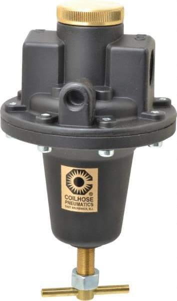 Coilhose Pneumatics - 3/4 NPT Port, 160 CFM, Cast Aluminum Heavy-Duty T-Handle Regulator - 0 to 125 psi Range, 250 Max psi Supply Pressure, 1/4" Gauge Port Thread, 5" Wide x 8-1/2" High - USA Tool & Supply