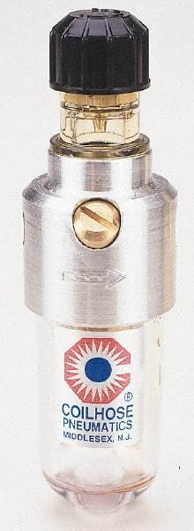 Coilhose Pneumatics - 1/4 NPT Port, 150 Max psi, Miniature Lubricator - Polycarbonate Bowl, Cast Aluminum Body, 11 CFM, 120°F Max, 1-1/2" Wide x 5" High - USA Tool & Supply