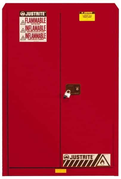 Justrite - 2 Door, 5 Shelf, Red Steel Standard Safety Cabinet for Flammable and Combustible Liquids - 65" High x 43" Wide x 18" Deep, Manual Closing Door, 3 Point Key Lock, 60 Gal Capacity - USA Tool & Supply