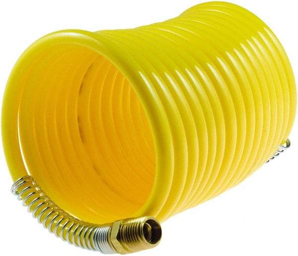 Coilhose Pneumatics - 1/4" ID, 1/4 Thread, 25' Long, Yellow Nylon Coiled & Self Storing Hose - 185 Max psi, Male Swivel x Male Swivel - USA Tool & Supply