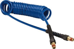 Coilhose Pneumatics - 1/4" ID, 1/4 Thread, 15' Long, Dark Blue Polyurethane Coiled & Self Storing Hose - 125 Max psi, Male Swivel x Male Swivel with Strain Relief - USA Tool & Supply