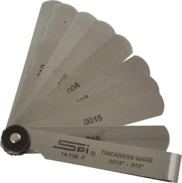SPI - 9 Piece, 0.0015 to 0.015", Parallel Feeler Gage Set - 3" Long x 1/2" Wide, Tempered Steel - USA Tool & Supply