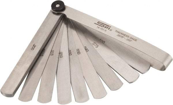 SPI - 13 Piece, 0.0015 to 0.2" Thick, Parallel Feeler Gage Set - 4-1/4" Leaf Length, 1/2" Wide, Tempered Steel - USA Tool & Supply