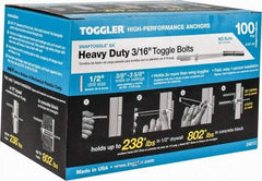 Toggler - 3/16" Screw, 6-1/4" Long, 3/8 to 3-5/8" Thick, Toggle Bolt Drywall & Hollow Wall Anchor - 3/16 - 24" Thread, 1/2" Drill, Zinc Plated, Steel, Grade 1010, Use in Drywall - USA Tool & Supply