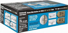 Toggler - 3/16" Screw, 6-1/4" Long, 3/8 to 3-5/8" Thick, Toggle Bolt Drywall & Hollow Wall Anchor - 3/16 - 24" Thread, 1/2" Drill, Zinc Plated, Steel, Grade 1010, Use in Drywall - USA Tool & Supply