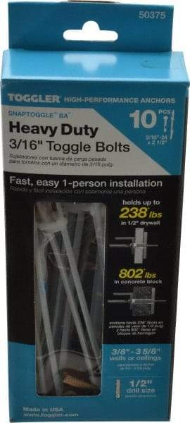 Toggler - 3/16" Screw, 6-1/4" Long, 3/8 to 3-5/8" Thick, Toggle Bolt Drywall & Hollow Wall Anchor - 3/16 - 24" Thread, 1/2" Drill, Zinc Plated, Steel, Grade 1010, Use in Drywall - USA Tool & Supply