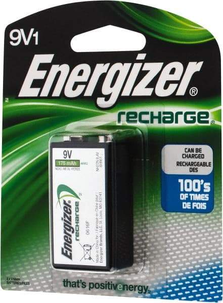 Energizer - Size 9V, NiMH, Standard Battery - 9 Volts, Miniature Snap Terminal - USA Tool & Supply