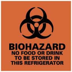 NMC - Hazardous Materials Label - Legend: Biohazard - No Food or Drink to Be Stored in This Refrigerator, English, Black & Orange, 4" Long x 4" High, Sign Muscle Finish - USA Tool & Supply