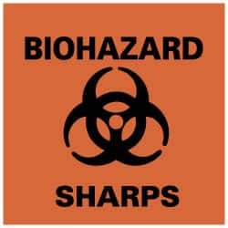 NMC - Hazardous Materials Label - Legend: Biohazard - Sharps, English, Black & Orange, 4" Long x 4" High, Sign Muscle Finish - USA Tool & Supply