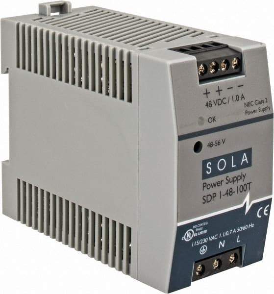 Sola/Hevi-Duty - 100 Watt, 1 Amp, 264 VAC, 375 VDC Input, 48 to 56 VDC Output, DIN Rail Power Supply - Screw Terminal Connection, 1 Output, 1.77 Inch Wide x 3.58 Inch Deep x 2.95 Inch High, Up to 90% Efficiency, 14 to 140°F, Green LED Display - USA Tool & Supply