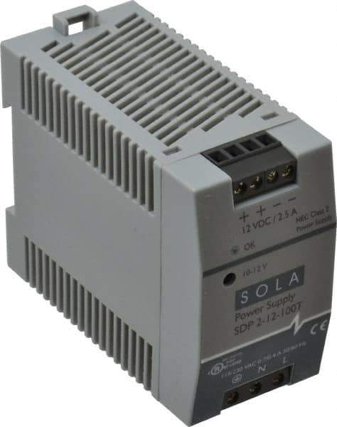 Sola/Hevi-Duty - 100 Watt, 3 to 2.5 Amp, 264 VAC, 375 VDC Input, 10 to 12 VDC Output, DIN Rail Power Supply - Screw Terminal Connection, 1 Output, 1.77 Inch Wide x 3.58 Inch Deep x 2.95 Inch High, Up to 80% Efficiency, 14 to 140°F, Green LED Display - USA Tool & Supply