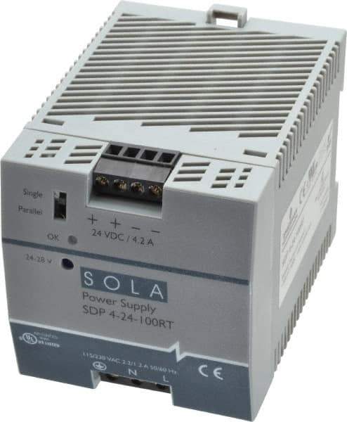 Sola/Hevi-Duty - 100 Watt, 4.20 Amp, 132 VAC, 264 VAC, 375 VDC Input, 24 to 28 VDC Output, DIN Rail Power Supply - Screw Terminal Connection, 1 Output, 2.85 Inch Wide x 3.8 Inch Deep x 2.95 Inch High, Up to 88% Efficiency, 14 to 140°F, Green LED Display - USA Tool & Supply