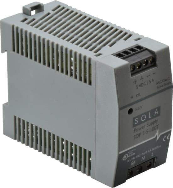 Sola/Hevi-Duty - 100 Watt, 5 Amp, 264 VAC, 375 VDC Input, 5 to 6 VDC Output, DIN Rail Power Supply - Screw Terminal Connection, 1 Output, 1.77 Inch Wide x 3.58 Inch Deep x 2.95 Inch High, Up to 80% Efficiency, 14 to 140°F, Green LED Display - USA Tool & Supply