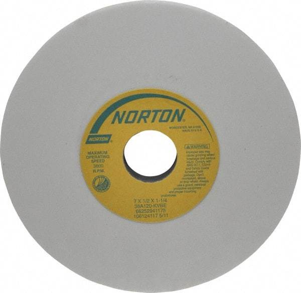 Norton - 7" Diam x 1-1/4" Hole x 1/2" Thick, K Hardness, 120 Grit Surface Grinding Wheel - Aluminum Oxide, Type 1, Fine Grade, 3,600 Max RPM, Vitrified Bond, No Recess - USA Tool & Supply