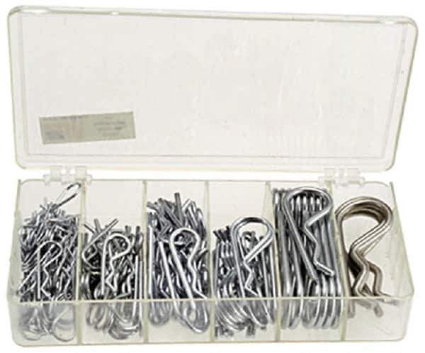Precision Brand - 150 Piece, 1/16 to 3/16" Pin Diam, Hitch Pin Assortment - 1-9/16 to 3-1/4" Long, Steel - USA Tool & Supply