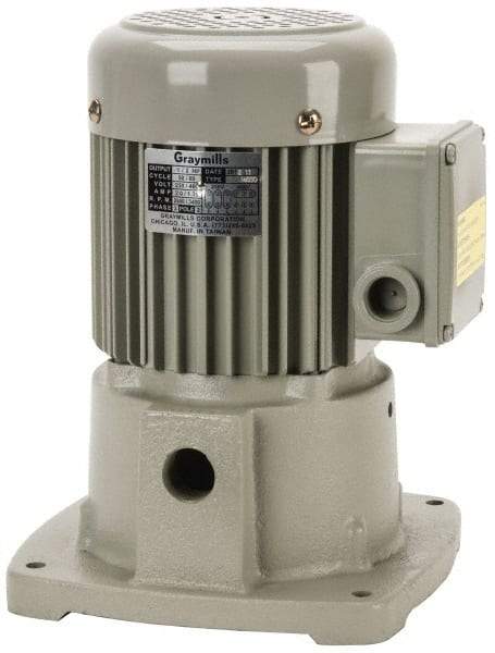 Graymills - 230/460 Volt, 1/2 hp, 3 Phase, 3,450 RPM, Cast Iron Suction Machine Tool & Recirculating Pump - 32 GPM, 3/4" Inlet, 42 psi, 8-1/2" Long x 7-3/8" Mounting Flange Width, 11-1/32" Overall Height, Metric Thread, Aluminum Impeller - USA Tool & Supply