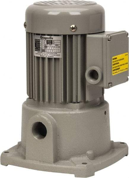 Graymills - 230/460 Volt, 3/4 hp, 3 Phase, 3,450 RPM, Cast Iron Suction Machine Tool & Recirculating Pump - 43 GPM, 1" Inlet, 52 psi, 8" Long x 8" Mounting Flange Width, 11-13/16" Overall Height, Metric Thread, Aluminum Impeller - USA Tool & Supply