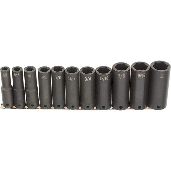 SK - 11 Piece 1/2" Drive Deep Impact Socket Set - 6 Points, 1/2 to 1-1/4", Inch Measurement Standard - USA Tool & Supply