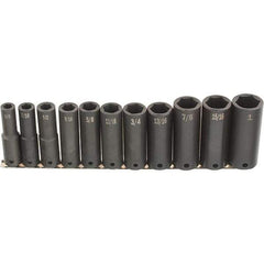 SK - 11 Piece 1/2" Drive Deep Impact Socket Set - 6 Points, 1/2 to 1-1/4", Inch Measurement Standard - USA Tool & Supply