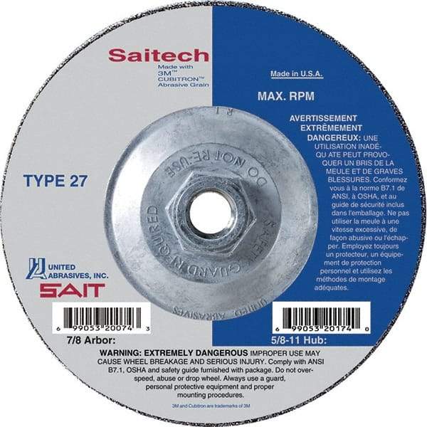 Sait - 7" Wheel Diam, 3/32" Wheel Thickness, Type 27 Depressed Center Wheel - Ceramic, Resinoid Bond, 8,500 Max RPM, Compatible with Angle Grinder - USA Tool & Supply