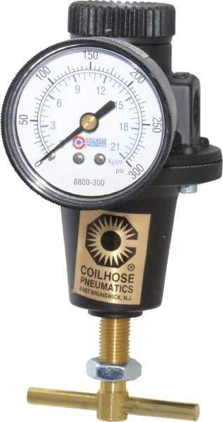Coilhose Pneumatics - 1/4 NPT Port, 40 CFM, Cast Aluminum Heavy-Duty T-Handle Regulator - 0 to 200 psi Range, 250 Max psi Supply Pressure, 1/4" Gauge Port Thread, 3" Wide x 5-1/2" High - USA Tool & Supply