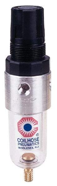 Coilhose Pneumatics - 1/4" NPT Port Miniature 1 Piece Filter/Regulator FRL Unit - Polycarbonate Bowl, 25 SCFM, 150 Max psi, 4" High, Manual Drain - USA Tool & Supply