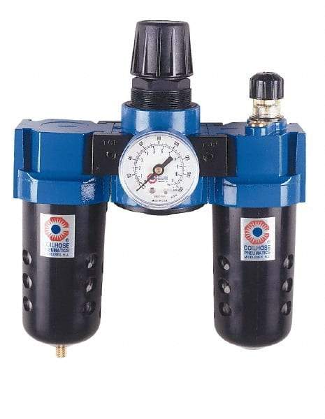 Coilhose Pneumatics - 3/4" NPT Port Standard 3 Piece Filter-Regulator-Lubricator FRL Unit - Metal Bowl, 125 SCFM, 250 Max psi, 10.5" High, Automatic Drain - USA Tool & Supply
