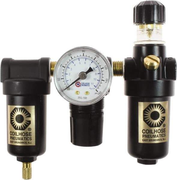 Coilhose Pneumatics - 1/4" NPT Port Miniature 3 Piece Filter-Regulator-Lubricator FRL Unit - Metal Bowl, 25 SCFM, 250 Max psi, 6.125" High, Manual Drain - USA Tool & Supply