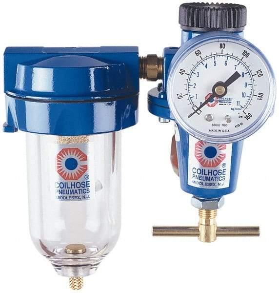 Coilhose Pneumatics - 1/2" NPT Port Heavy Duty 2 Piece Filter-Regulator FRL Unit - Polycarbonate Bowl, 125 Max psi, 7.875" High - USA Tool & Supply