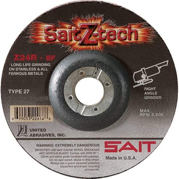 Sait - 24 Grit, 5" Wheel Diam, 1/4" Wheel Thickness, 7/8" Arbor Hole, Type 27 Depressed Center Wheel - Zirconia Alumina, Resinoid Bond, R Hardness, 12,200 Max RPM, Compatible with Angle Grinder - USA Tool & Supply