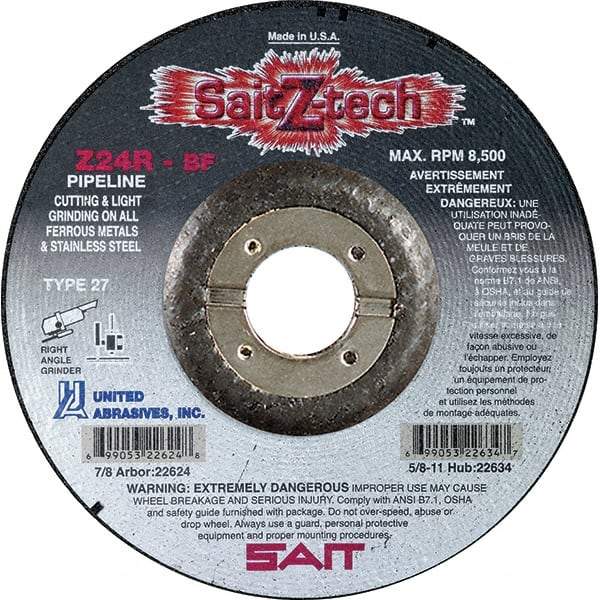 Sait - 24 Grit, 7" Wheel Diam, 1/8" Wheel Thickness, 7/8" Arbor Hole, Type 27 Depressed Center Wheel - Zirconia Alumina, Resinoid Bond, R Hardness, 8,500 Max RPM, Compatible with Angle Grinder - USA Tool & Supply