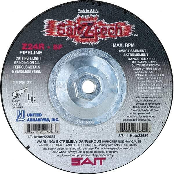 Sait - 24 Grit, 4-1/2" Wheel Diam, 1/8" Wheel Thickness, Type 27 Depressed Center Wheel - Zirconia Alumina, Resinoid Bond, R Hardness, 13,300 Max RPM, Compatible with Angle Grinder - USA Tool & Supply