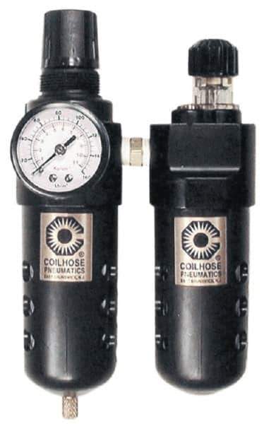 Coilhose Pneumatics - 1/4" NPT Port Compact 2 Piece Filter/Regulator-Lubricator FRL Unit - Polycarbonate Bowl, 48 SCFM, 150 Max psi, 8" High, Manual Drain - USA Tool & Supply