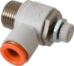 SMC PNEUMATICS - 1/2" Tube OD x 1/2" Male NPT Flow Control Elbow Valve - Meter Out - USA Tool & Supply
