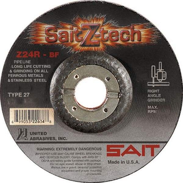 Sait - 24 Grit, 6" Wheel Diam, 3/32" Wheel Thickness, 7/8" Arbor Hole, Type 27 Depressed Center Wheel - Zirconia Alumina, Resinoid Bond, R Hardness, 10,200 Max RPM, Compatible with Angle Grinder - USA Tool & Supply