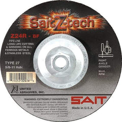 Sait - 24 Grit, 4-1/2" Wheel Diam, 3/32" Wheel Thickness, Type 27 Depressed Center Wheel - Zirconia Alumina, Resinoid Bond, R Hardness, 13,300 Max RPM, Compatible with Angle Grinder - USA Tool & Supply