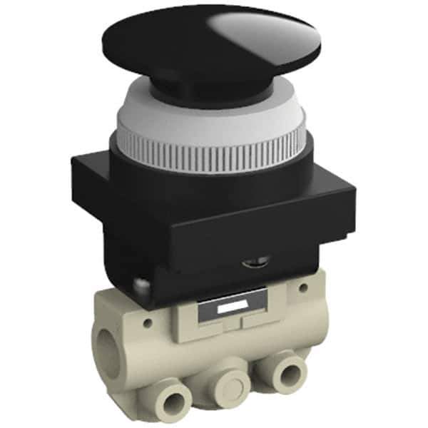 SMC PNEUMATICS - 0.14 CV Rate, 1/8" NPT Inlet Mechanical Valve - 2 Way, 2 Ports, Push Button Mushroom - USA Tool & Supply