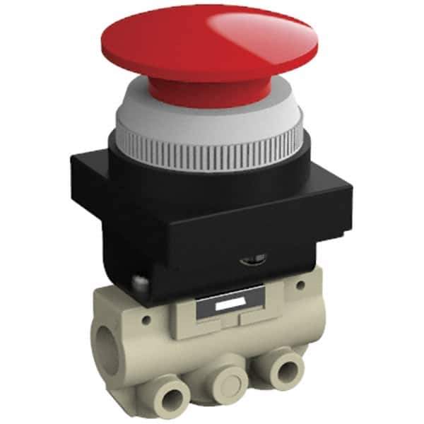 SMC PNEUMATICS - 0.14 CV Rate, 1/8" NPT Inlet Mechanical Valve - 2 Way, 2 Ports, Push Button Mushroom - USA Tool & Supply