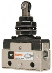 SMC PNEUMATICS - 0.14 CV Rate, 1/8" NPT Inlet Mechanical Valve - 3 Way, 2 Ports, Plunger Roller Plunger Inline - USA Tool & Supply
