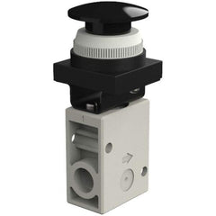 SMC PNEUMATICS - 1.00 CV Rate, 1/4" NPT Inlet Mechanical Valve - 3 Way, 2 Ports, Push Button Mushroom - USA Tool & Supply