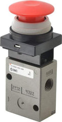 SMC PNEUMATICS - 1.00 CV Rate, 1/4" NPT Inlet Mechanical Valve - 3 Way, 2 Ports, Push Button Mushroom - USA Tool & Supply