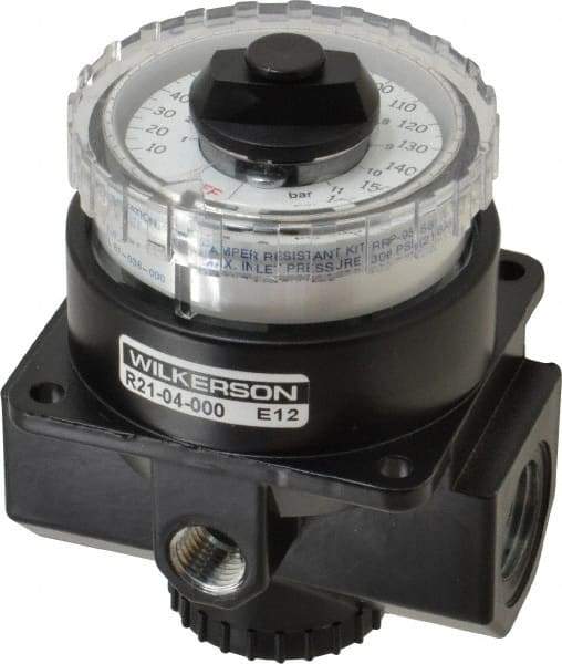 Wilkerson - 1/2 NPT Port, 195 CFM, Zinc Dial Air Regulator - 5 to 160 psi Range, 300 Max psi Supply Pressure, 1/4" Gauge Port Thread, 3.2" Wide x 4.19" High - USA Tool & Supply