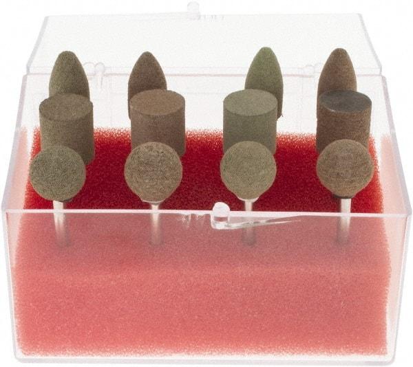 Grier Abrasives - 12 Piece Aluminum Oxide Rubber Rubber Mounted Abrasive Wheel Set - Includes Mounted Wheels with 1/8" Diam x 1-1/2" Long Shank - USA Tool & Supply