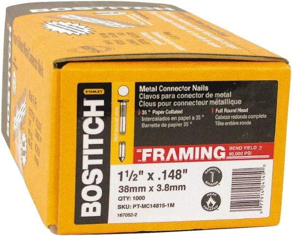 Stanley Bostitch - 10 Gauge 0.148" Shank Diam 1-1/2" Long Metal Connecting Nails for Power Nailers - Steel, Bright Finish, Smooth Shank, Angled Stick Paper Tape Collation, Round Head, Diamond Point - USA Tool & Supply