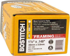 Stanley Bostitch - 10 Gauge 0.148" Shank Diam 1-1/2" Long Metal Connecting Nails for Power Nailers - Steel, Galvanized Finish, Smooth Shank, Angled Stick Paper Tape Collation, Round Head, Diamond Point - USA Tool & Supply