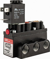 ARO/Ingersoll-Rand - 1/4" Inlet x 1/4" Outlet, Solenoid Actuator, Spring Return, 2 Position, Body Ported Solenoid Air Valve - 120 VAC Input, 54 CFM, 1.5 CV, 4 Way, 150 psi, 2-15/16" Long x 1-15/16" Wide x 1-15/16" High, 0 to 180°F - USA Tool & Supply