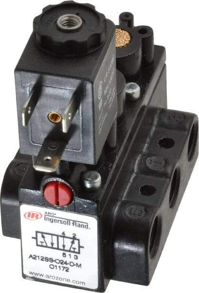 ARO/Ingersoll-Rand - 1/4" Inlet x 1/4" Outlet, Solenoid Actuator, Spring Return, 2 Position, Body Ported Solenoid Air Valve - 24 VDC Input, 54 CFM, 1.5 CV, 4 Way, 150 psi, 2-15/16" Long x 1-15/16" Wide x 1-15/16" High, 0 to 180°F - USA Tool & Supply